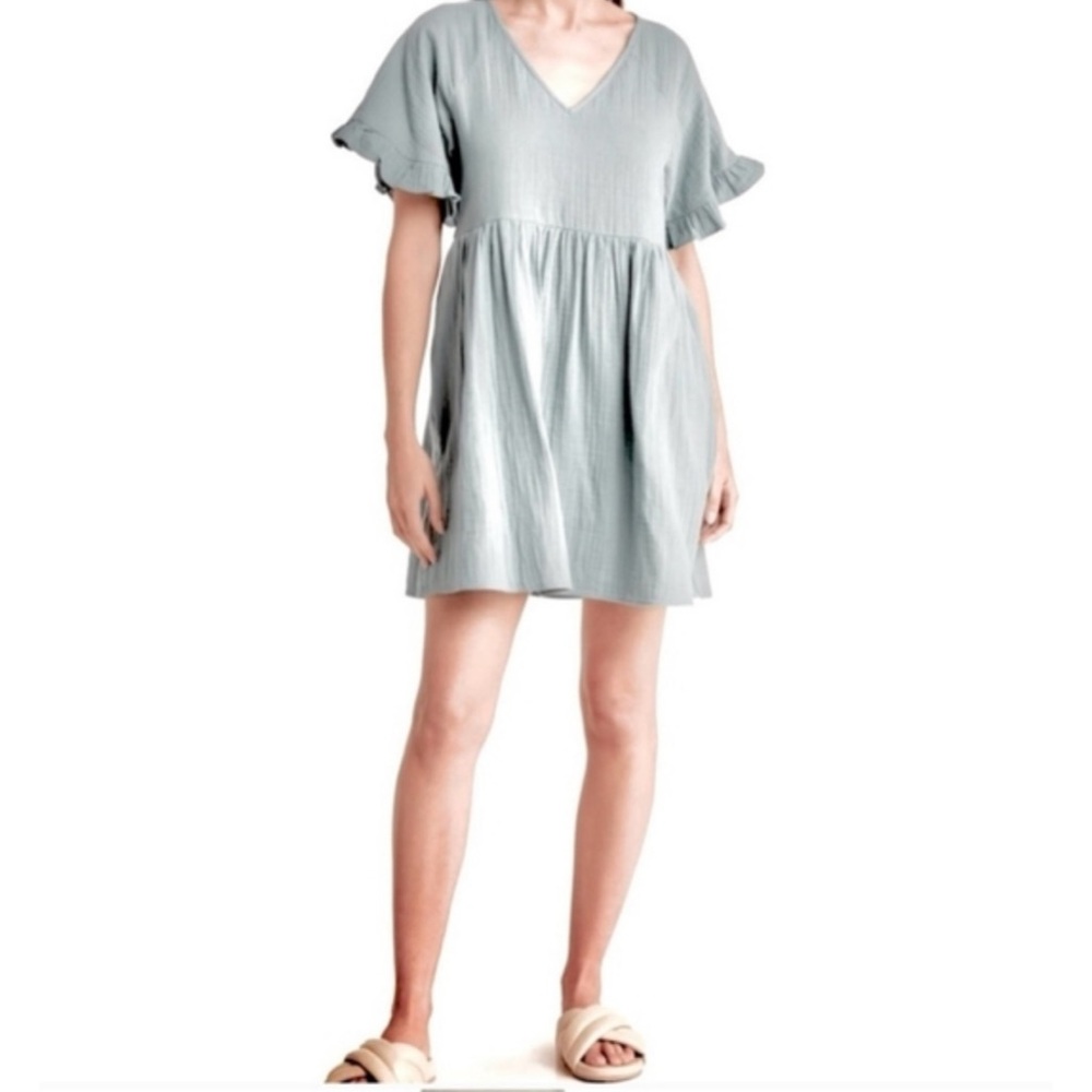 Madewell Mini Dress Ruffle Sleeves Pockets Cotton Glassware Blue SZ L EUC